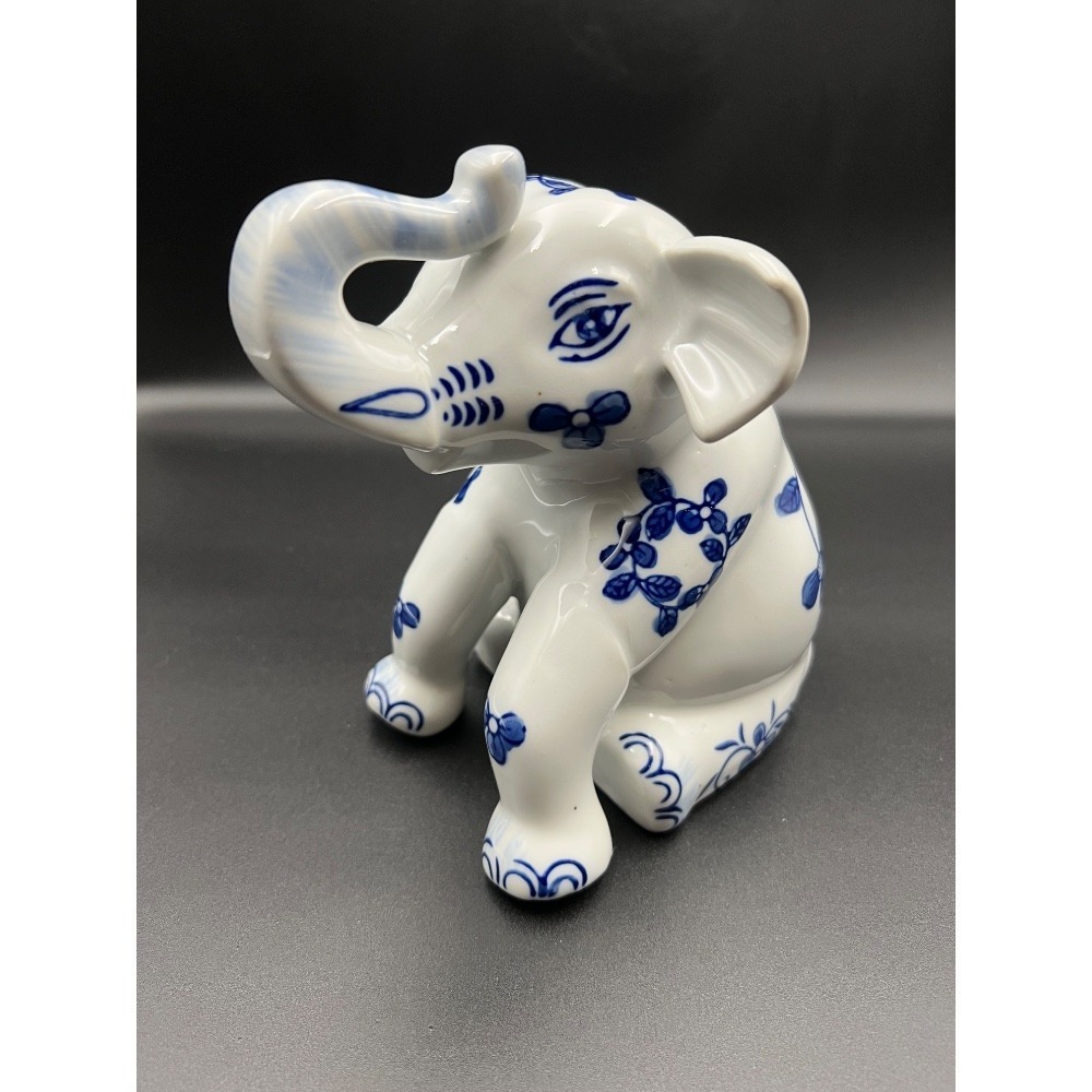 Vintage Delft Style Elephant Figurine Blue Floral Accents Ceramic Decor
